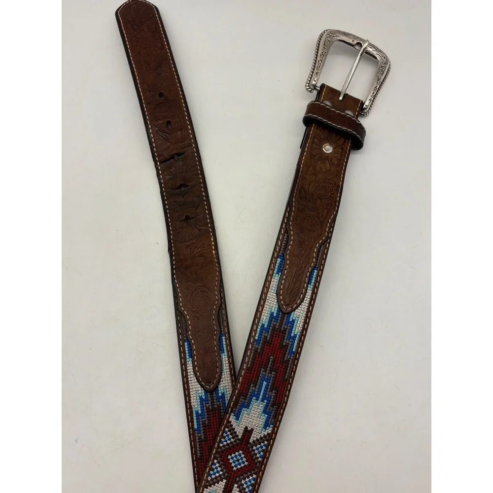 Nocona Western Leather Belt Embroidered Brown Silver Buckle 38